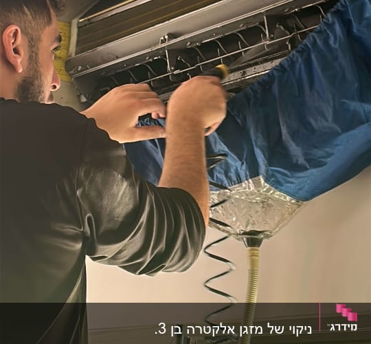 אדם מתקן מזגן עם כלי עבודה